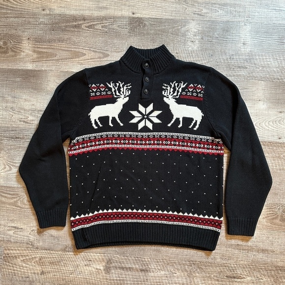 Chaps Sweater Mens Size L Black Snowflake Dear Pullover 1/4 Button Down - Picture 1 of 11